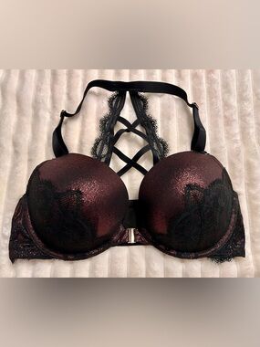 EUC Lace Push-Up Bra in Deep sparkling red & black with Strappy Back Size 38DD